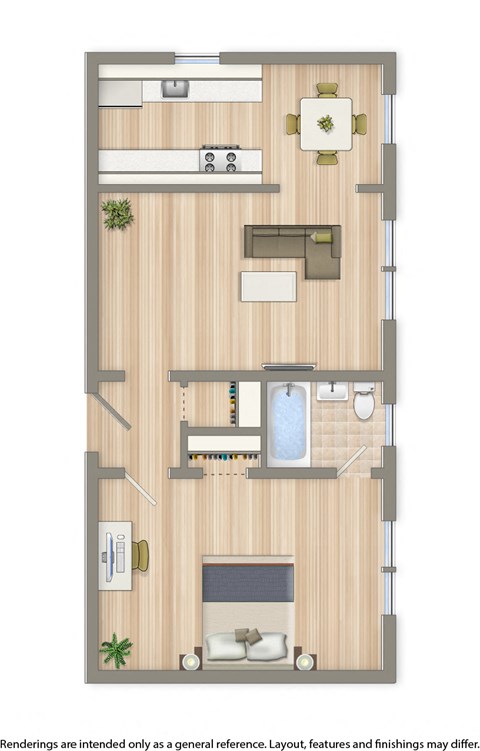 klingle one bedroom apartment floor plan rendering